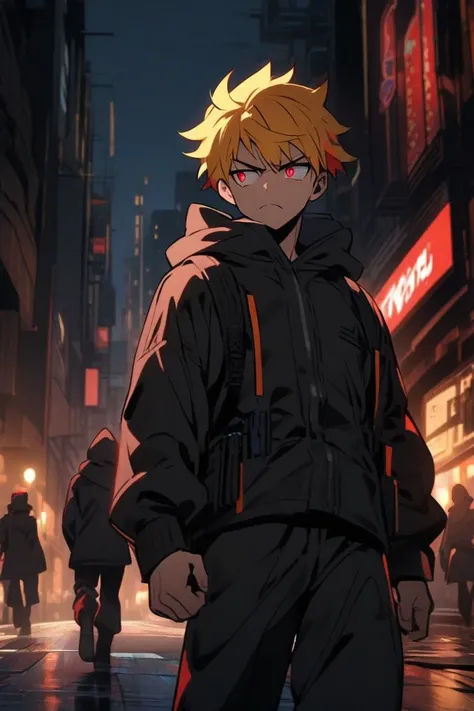  Boy with bright yellow Minato style hair,  bright red eyes , wearing a black hooded jacket ,  wide black pants and black military boots ,  With a serious expression , Walking around the city at night