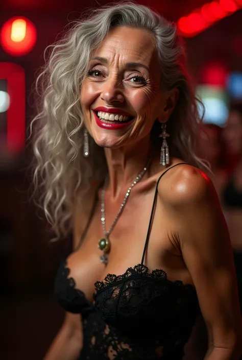 A tall, skinny, elderly woman with huge tits, red lips, seductive grin black eyeliner, silver dangly earrings with emeralds, necklong curly grey hair, in stripclub, wrinkly facial skin, wide hips, slim waist, exposed vagina and nipples 