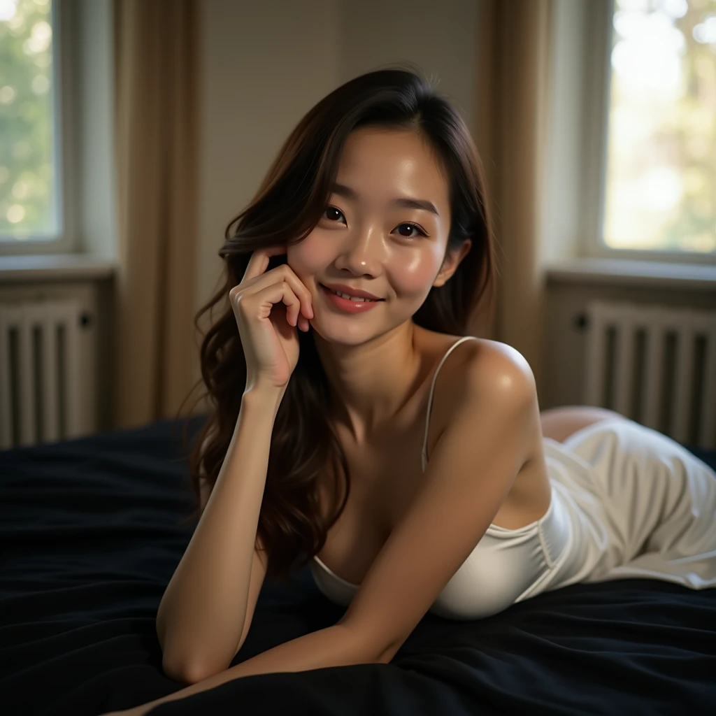 A photo of a beautiful Japanese woman, slender figure, long straight brown hair, swept to the side, lying on a bed with black bedding. She has fair skin, almond-shaped eyes, a natural face without makeup, no jewelry. She wears a white satin nightgown, whic...