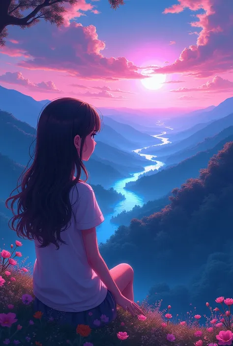 Beautiful girl with long wavy hair watching a landscape on the distant horizon anime style neon colors