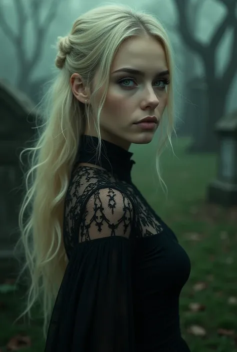 Maria Padilha from the cemetery, blonde green eyes,  fair skin  