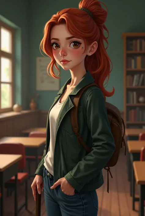 A young woman She is standing in the college session room. She has a cane as she’s walking. The woman has natural red hair, hazel brown eyes, freckles, and a scar on her cheek.