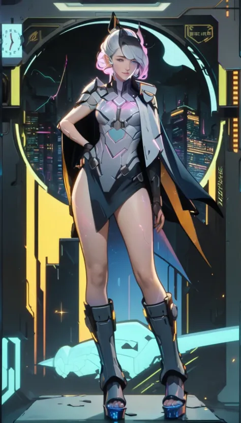 Cinderella stands as a bold and futuristic anime heroine in a shimmering cyberpunk warrior fusion suit. The suit is a stunning blend of metallic silver and sky blue, with glowing glass-like armor pieces on her shoulders, arms, and boots, evoking the feel o...