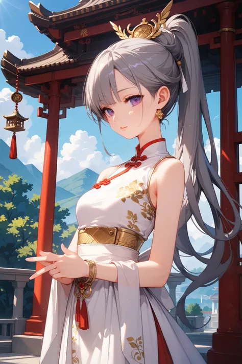 4k anime style, Smooth anime CG, 8k anime, Best quality, High resolution,Superdetail,Perfect light,high resolution, best quality, Accurate, Anatomically Correct, Best Quality, Masterpiece, Award Winning,Younger, Anime, She has ponytail , grey hair , beauti...