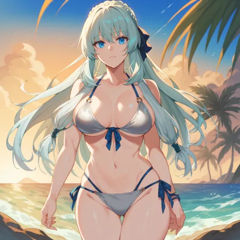  Morgan Le Fay (fate/grand order), light hair,  blue eyes. expressionless,  Big breasts, silver bikini,  background of a tropical beach.