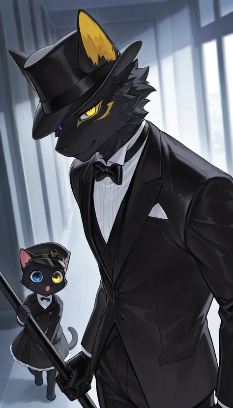 masterpiece,  top quality,  Amazing Quality ,   Very Aesthetic ,  high resolution,  Super Detail,   is ridiculous,  One Cat Girl,  rainbow heterochromia(Blue eyes and yellow eyes)、 like fur,Jet-black fur 、 black silk hat、 black tuxedo 、gentleman's stick 