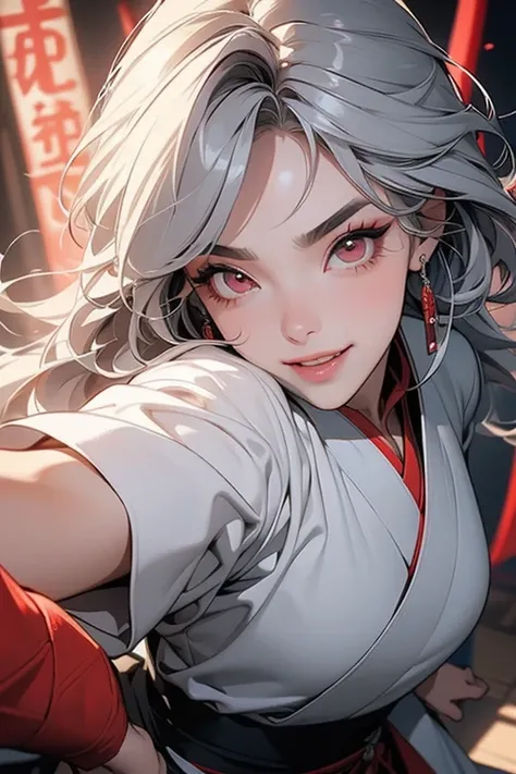 (     top quality   , masterpiece:1.2),      high resolution, 最高masterpiece、     very detailed,     exist:1.37, Fantasy     ,  illustration,     gray hair  、    red eyes     、     queen,    T2K9     、     beautiful、     eyeshadow red     、     thick eyebro...