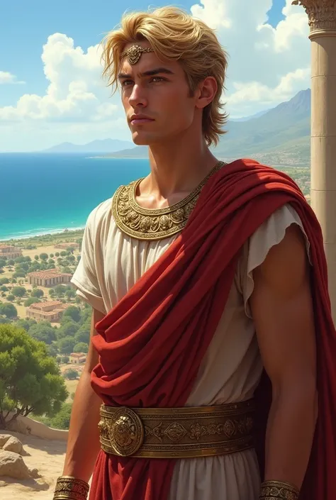 Young greek king, male, blond, long hair, clean shaven, smooth face, handsome