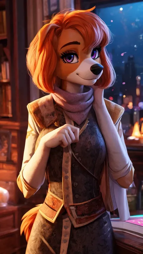 Skye from Paw Patrol, anthro, female cockapoo, mature adult, orange hair, magenta eyes, detailed, solo, beautiful, high quality, 4K