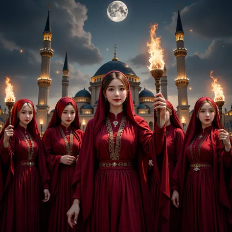 Full body Seven people Woman canti k holding fire torch gathered and standing parallel smiling, Arab Muslim woman in hijab face facing forward with pose , hands and fingernails are seen holding each other's flame torch stalks .  in long red hijab smiling f...