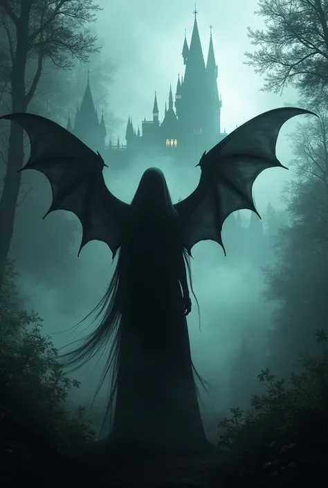  dark forest , dark with fog , a silhouette of a woman wearing a veil and flying bat wings,   Gothic castle on the background.