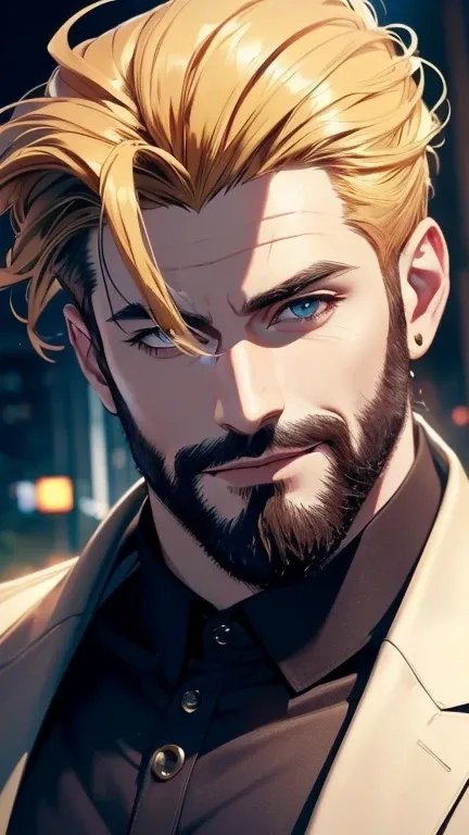 (  best quality,4K,8k,  highres,  masterpiece :1.2),  ultra-detailed  ,(realistic,photorealistic,photo-realistic:1.37),34 years old, man,3 day beard,Beautiful anime,Portraits,strong,Masculine,  with dark hair  ,sharp jaw,   mesmerizing eyes   , Yellow hair...