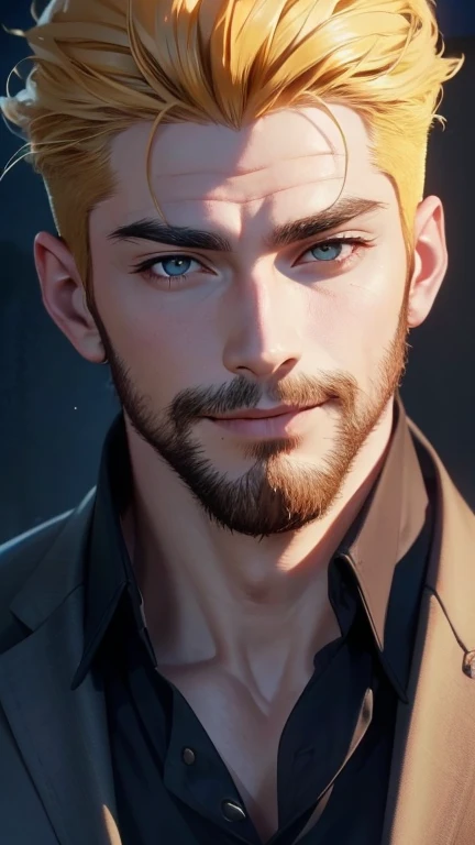 (  best quality,4K,8k,  highres,  masterpiece :1.2),  ultra-detailed  ,(realistic,photorealistic,photo-realistic:1.37),34 years old, man,3 day beard,Beautiful anime,Portraits,strong,Masculine,  with dark hair  ,sharp jaw,   mesmerizing eyes   , Yellow hair...