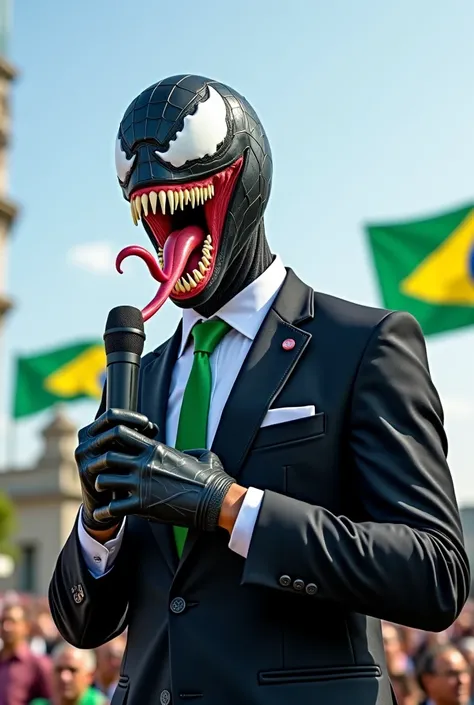 Imagine o Venom,  the famous comic book antihero ,  dressed in a formal suit and a green and yellow tie ,  symbolizing the cores of the Brazilian flag , He has a stripe for President of the Republic.  He is on a platform , with the Planalto in the backgrou...