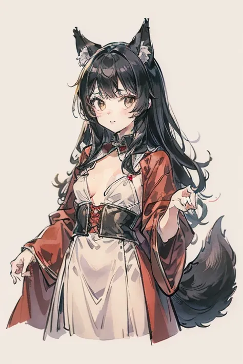  top quality,   Ultra High Resolution, illustration style, (( cute middle school girl)),( small tits),Wolf ears、Wolf Tail、 semi-long black hair , brown eyes, Little Red Riding Hood,