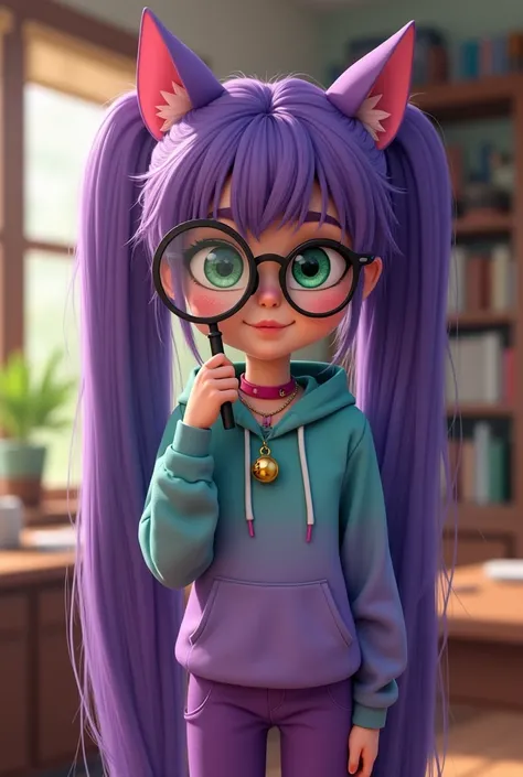 Create a Pixar style animation of tall  girl with very long, straight purple hair in twin ponytails with layered bangs, pink cat ears, green almond-shaped eyes, and round black glasses. She is wearing a teal-to-purple gradient hoodie, purple pants, and a p...