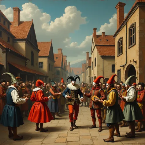 A medieval-style painting of a marketplace transformed into a festival scene, with jesters dancing, musicians playing lutes, and townspeople wearing masks and mismatched clothing, creating a lively and absurd atmosphere