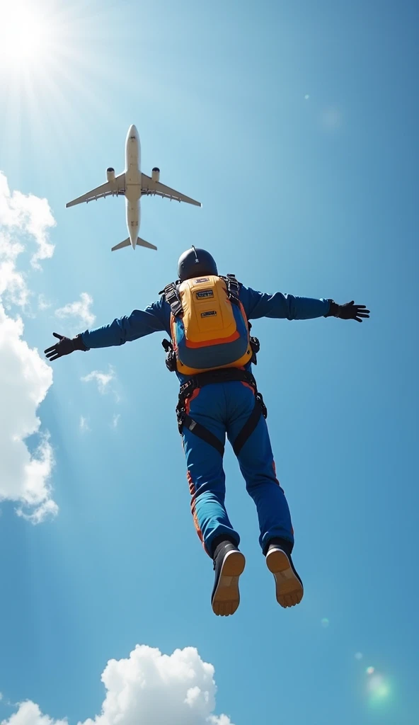 A skydiver in mid-air, captured moments after jumping out of an airplane. The scene is set in a clear blue sky with scattered white clouds, and the airplane is visible in the background, flying high. The skydiver wears a professional jumpsuit and a colorfu...