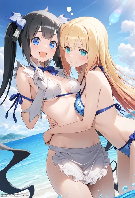 (2girls, harem, group picture) (2girl bikini ocean watersplash bubble）2girls, small breasts, 2girls,,Ais Wallenstein,Hestia,small breasts, best quality ( best quality )、(Nonsense)、( very detailed)、( very beautiful way to hold ) information best quality 、 U...