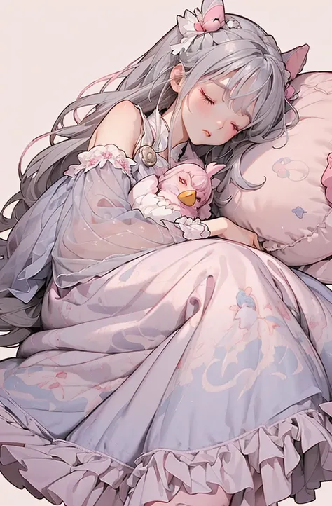     small characters  、 10 Talents  、   gray hair long、     red eye、     princess、      anime style、(.(  face down:1.25).).、((background、  pink gradation)).((I'm sleeping with a stuffed bird:1.35)).