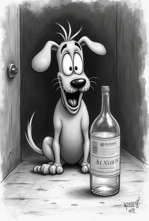 Draw me a pencil drawing of courage the cowardly dog scared by a bottle of water