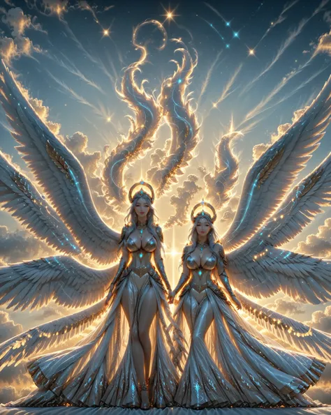 A majestic angel with ((six large spiritual wings)) glows softly with a (divine aura). The female angel has a serene expression with golden eyes, a beautiful feathered headdress on her head, and silvery hair flowing down her back. Her ((six large symmetric...