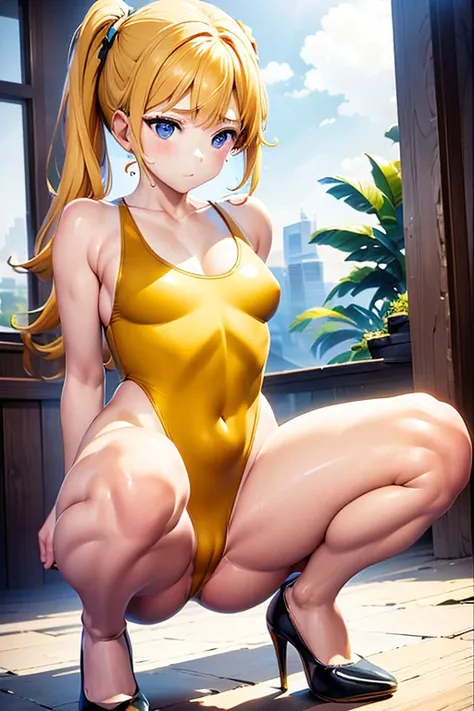 （ girl wearing only a basic swimsuit and pumps with gold glitter、Crouching with legs wide open to expose her crotch。:1.5）、（The shoulder part of the swimsuit is a tank top type with no embellishments ）、（The waist of the swimsuit is a high cut leotard type ）...