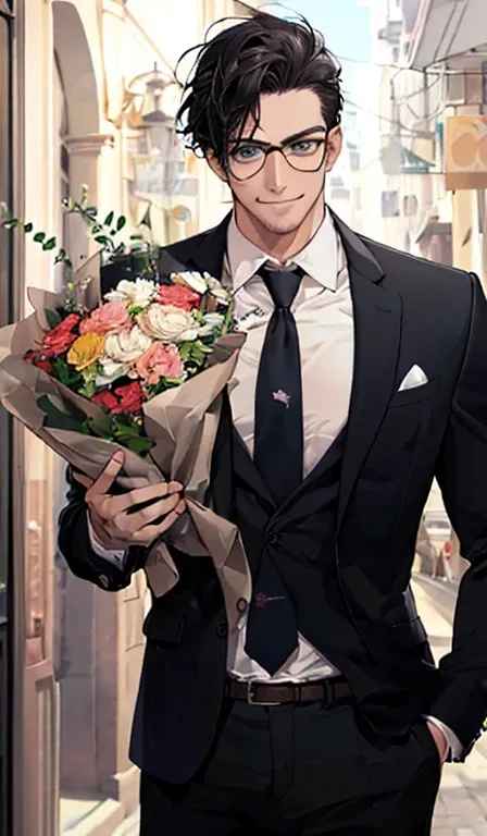 Macho  homem  mature de 28 anos, beautiful,  mature,  black hair,  blue eyes, legal, very high, casual, wear glasses, rico,  Perfect face,  detailed face, aesthetic,   corpo Atlético , Sensual, pretentious smile. Holding bouquet of flowers.