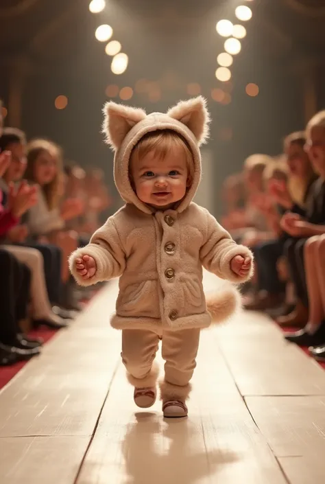 [Human baby][wearing Tails cosplay outfit][walks confidently down a well-lit fashion runway] On both sides of the runway, a seated audience applauds. The atmosphere is glamorous.