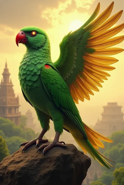 Create an image of a **majestic fusion of an Indian green rose-ringed parrot and a griffin**. This mythical creature has the **elegant, vibrant green feathers and red beak of the parrot**, combined with the **powerful, muscular body, talons, and wings of a...