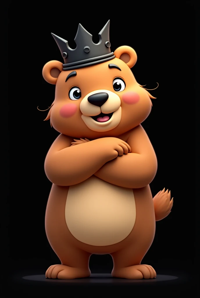 Urso cartoon, with arms crossed with black crown and black background 