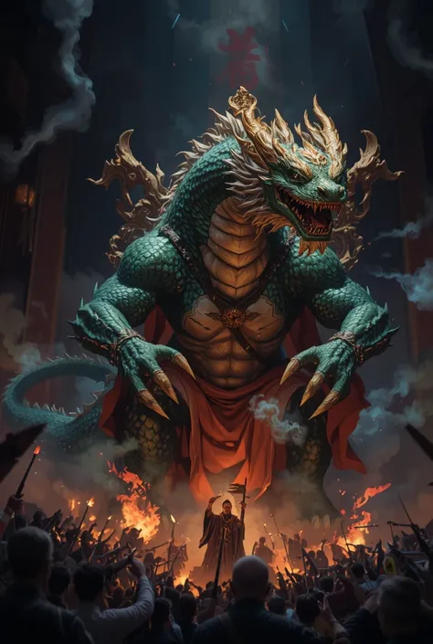 A Chinese dragon on the throne of the kingdom strong big muscular green with a dragon ready for war in a dark room coming out smoke and the crowd vibrating With a human body with a crown
