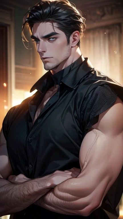 (   best quality,4K,8k,   highres,   masterpiece :1.2),   ultra-detailed   ,(realistic,photorealistic,photo-realistic:1.37),36-year-old man,3 day beard,Beautiful anime,Portraits,strong,Masculine,   with dark hair  ,sharp jaw,   mesmerizing green eyes  ,  p...