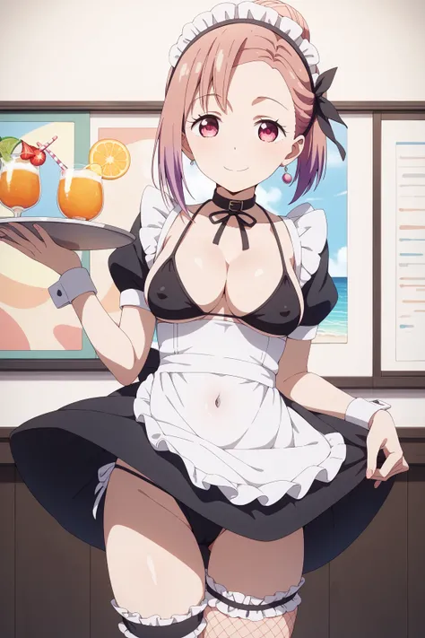 masterpiece,best quality,{{detailed beautiful face and eyes}}, very detailed background,
Tsubame Koyasu,{{{megami magazine}}},short hair,pink hair,single hair bun,forehead,hair ribbon,black ribbon,pink eyes,medium breasts,
(black maid bikini:1.4),(white lo...