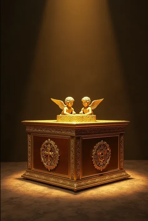  Create an image of the Ark of the Covenant :  a rectangular acacia wood box ,  coated in brilliant gold ,  with precise details and realistic textures . On the lid ,  the Propiciatory ,  Two golden cherubs ,  sculpted with wings extended and turned to eac...