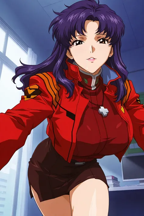  front tiew, 1girl ,mature female,milf,huge breasts,looking at viewer,
Best quality,masterpiece,soft light,official art,high quality, highres,absurdres,epic scene, Katsuragi Misato,Katsuragi Misato ,  purple hair,  purple hair,  long hair,Earrings,  brown ...