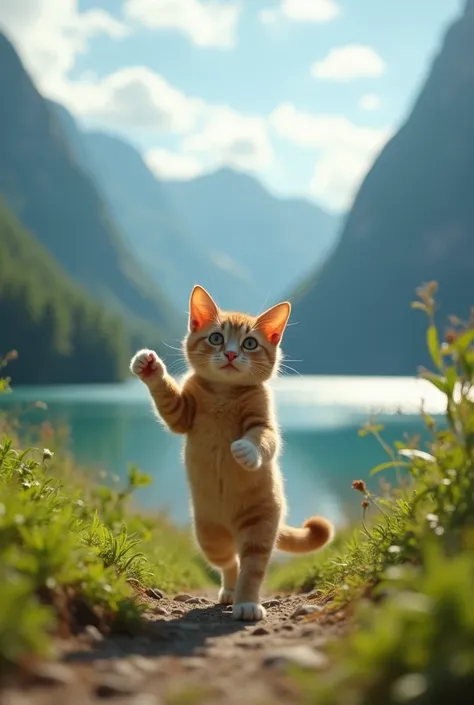 Make a funny video of a cat dancing with a beautiful natural scenery as a background