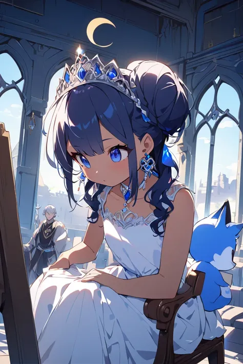  top quality, Super Detail, Just two people
((1stgirl、Dark Blue Haired Women 、 cute、 bun hair、Princess、 tiara 、 sitting on a chair、 Blue and White Dress 、Earrings))(1stboy、Man with long silver hair、Tough、 hair about shoulder length、Tough刺青、Standing next to...