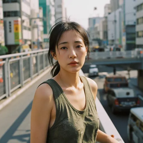 30-year-old woman, low ponytail ,dirty green tank top ,Shinjuku pedestrian bridge , rough skin, taken from the side, nasolabial fold ,poor