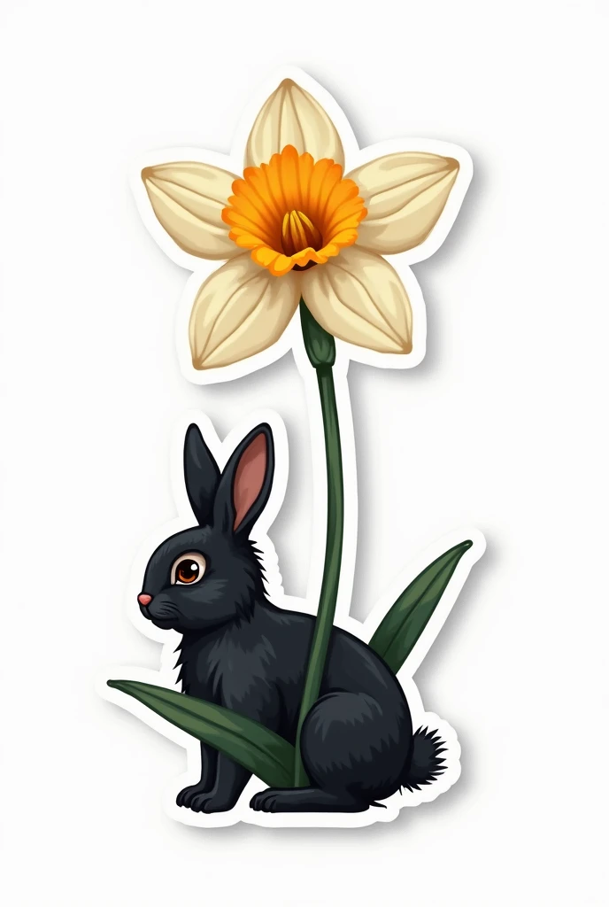  Make a 2D drawing with a white background of a single Narcissus flower with a black rabbit around it.  Make it a drawing without so much detail  (But yes with color )  because it will be used to make a sticker  