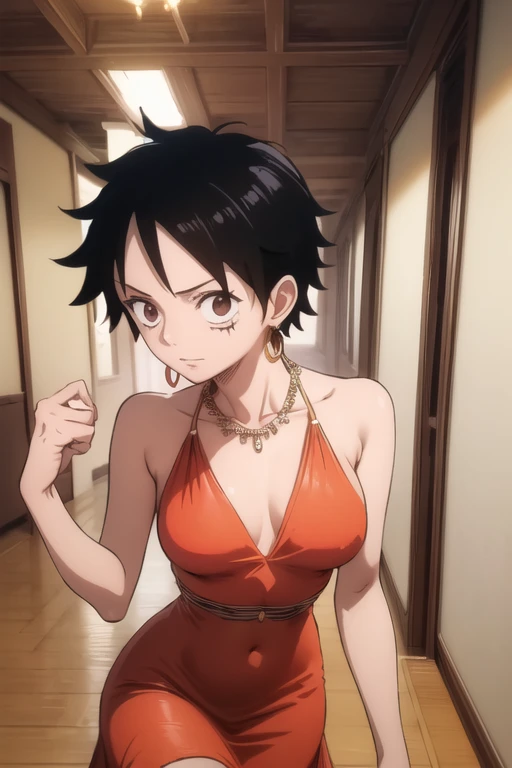 (masterpiece, best quality), beautiful face,  monkey_d_luffy, Luffy female, straw hat, scar, scar under eye, genderswap, brown eyes, elegant dress, diamond necklace, emerald earrings, in the hall