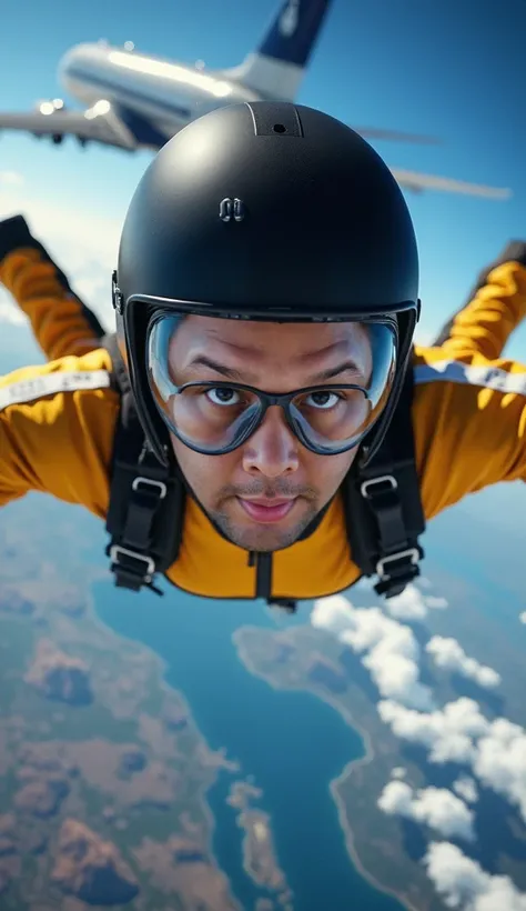 Create a highly detailed and dynamic image of a skydiver in mid-freefall, moments after jumping from an airplane. Focus on the skydiver's determined and intense facial expression, with their goggles reflecting the vast sky. The background show the Earth fr...