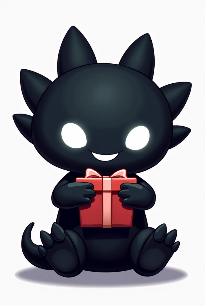 A black axolotl-like shadow creature with glowing white eyes and a smiling white mouth. The creature is designed in a cartoonish style and is holding a gift box with both hands, the gift box is wrapped with a ribbon, giving a cute and friendly appearance. ...