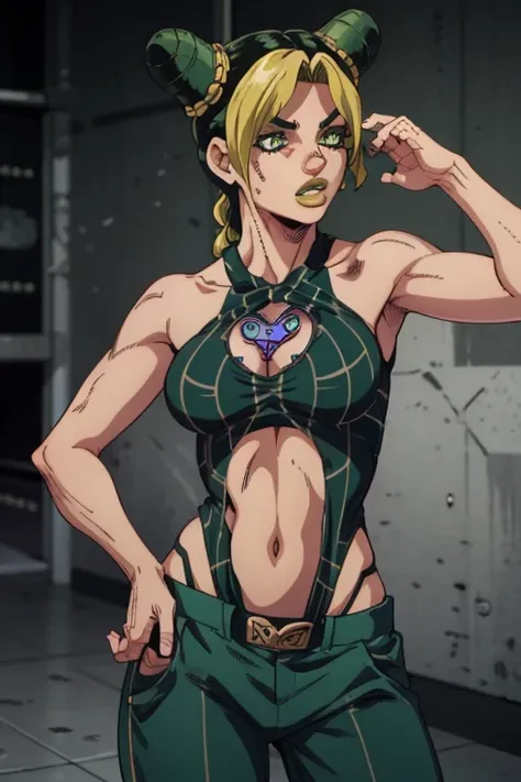 Jolyne,  green eyes, lips,   halter neck,   pants,,  short hair, Bare wrist,   sleeveless
Masterpiece  ,  top quality,   is ridiculous, prison,