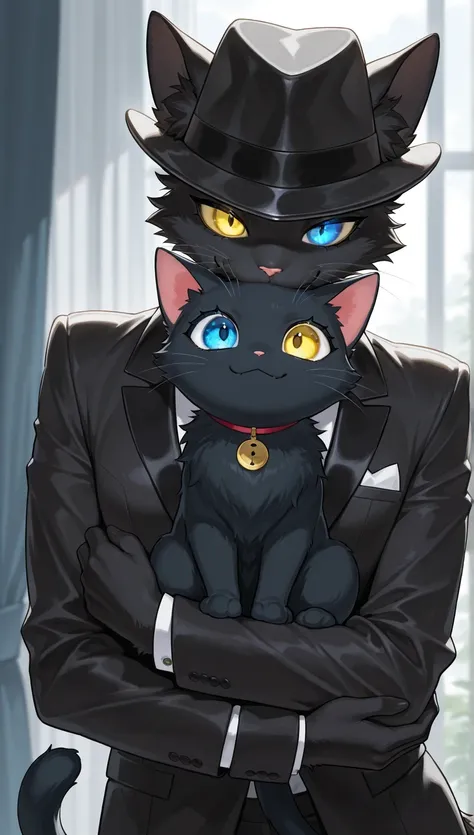 masterpiece,  top quality,  Amazing Quality ,   Very Aesthetic ,  high resolution,  Super Detail,   is ridiculous,  Black fur、1 black cat woman,  rainbow heterochromia(Blue eyes and yellow eyes)、 like fur,Jet-black fur 、 black silk hat、 black tuxedo 、Rapie...