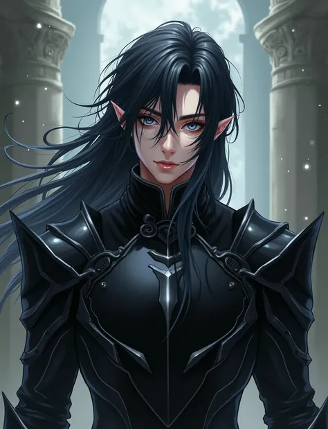 Anime, Male Elf,Grey skin, Grey Elf, Black hair,Black armor.