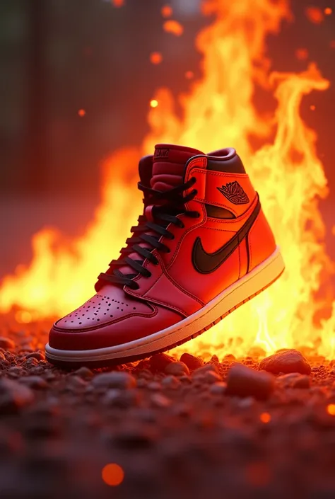 An animated transition of Jordan retro 1 coming out of flames