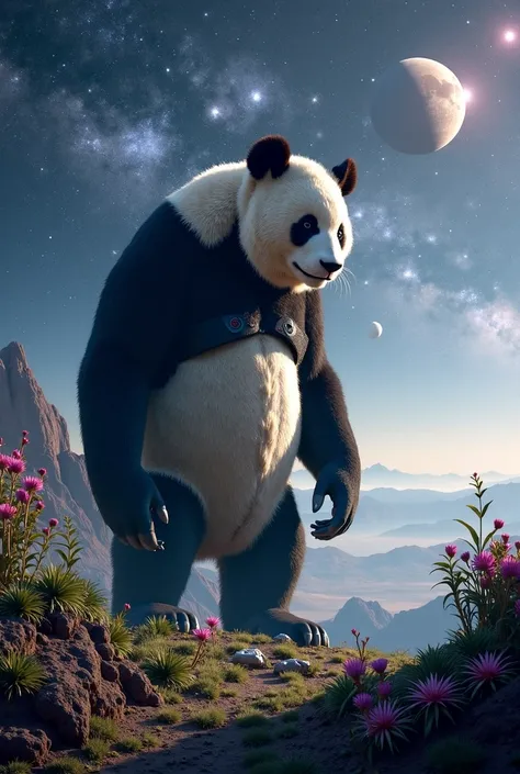 A giant panda in medieval armor on planet Venus with a galactic background and surrounding planets 