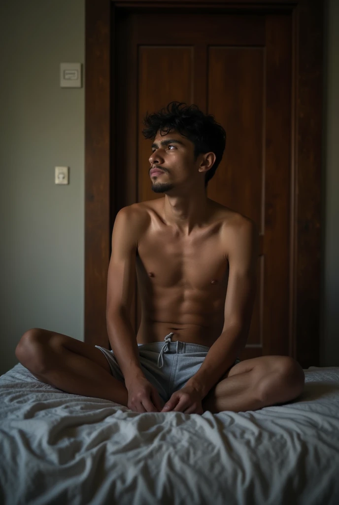      Photo in the bedroom of a young man with his back with his bare chest and short sleeping shorts sitting on his bed looking into the back of a closed wooden door in a town in Venezuela in the state of Guarico one morning 