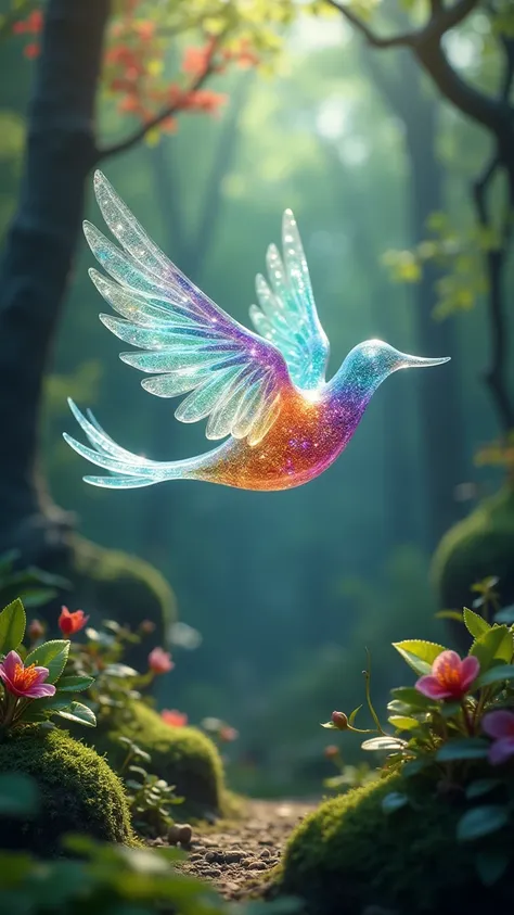 glass bird flying colored background forest